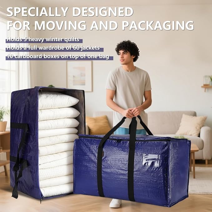 Cryster 10-Pack Blue Moving Bags with Strong Zippers,Heavy Duty Storage Totes With Comfortable Handles,Large Storage Totes for Student Supplies