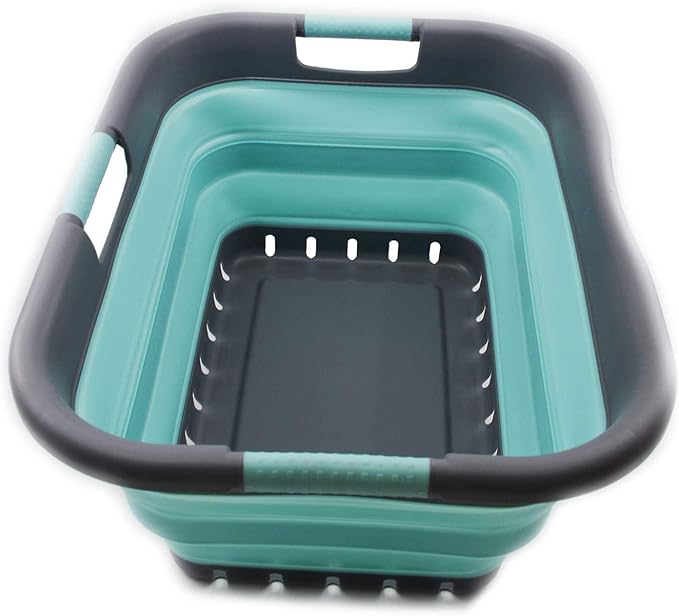 SAMMART 41L Collapsible Plastic Laundry Basket - Foldable Pop Up Storage Container/Organizer - Portable Washing Tub - Space Saving Hamper/Basket (3 handled rectangular, Medium Grey/Lake Green)