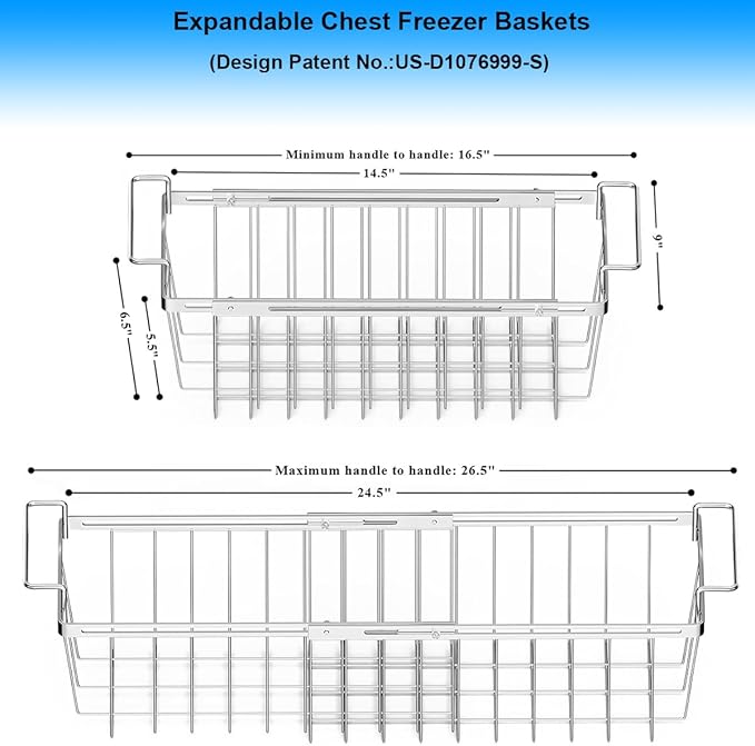 Orgneas Freezer Baskets for Chest Freezer, Capacity Expandable Deep Freezer Organizer Bins Adjustable From 16.5" to 26.5" Stainless Steel Wire Basket Storage with Hanging Handles