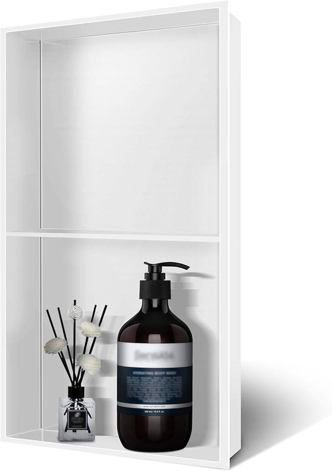 BATHFINESSE Shower Niche 9" X 25" White, Stainless Steel Wall Niche Double Shelves Recessed Shower Shelf for Bathroom Storage, No Tile Needed Over Mount Installation