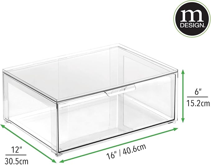 mDesign Plastic Stackable Kitchen Storage Organizer Bin Containers with Front Pull Drawer for Cabinet, Pantry, Fridge, Freezer, Shelf, Refrigerator Organization - Lumiere Collection - Clear
