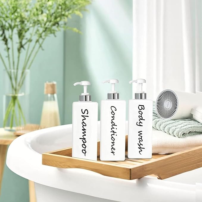 21oz Shampoo and Conditioner Dispenser (Set of 3) Modern Refillable Shampoo Pump Bottles for Shower Soap - Empty Shampoo Conditioner Body Wash Dispenser Set - Stylish Permanent Labels - for Bathroom