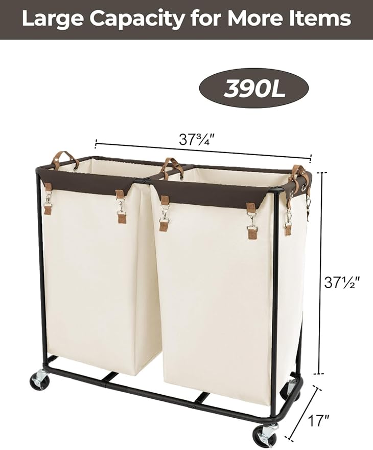StorageWorks 390L Extra Large Laundry Hamper with Wheels, Laundry Basket with Wheels 2 Sections, Clothes Sorter Cart with Divider for Hotel, Home, Beige, 1-Pack