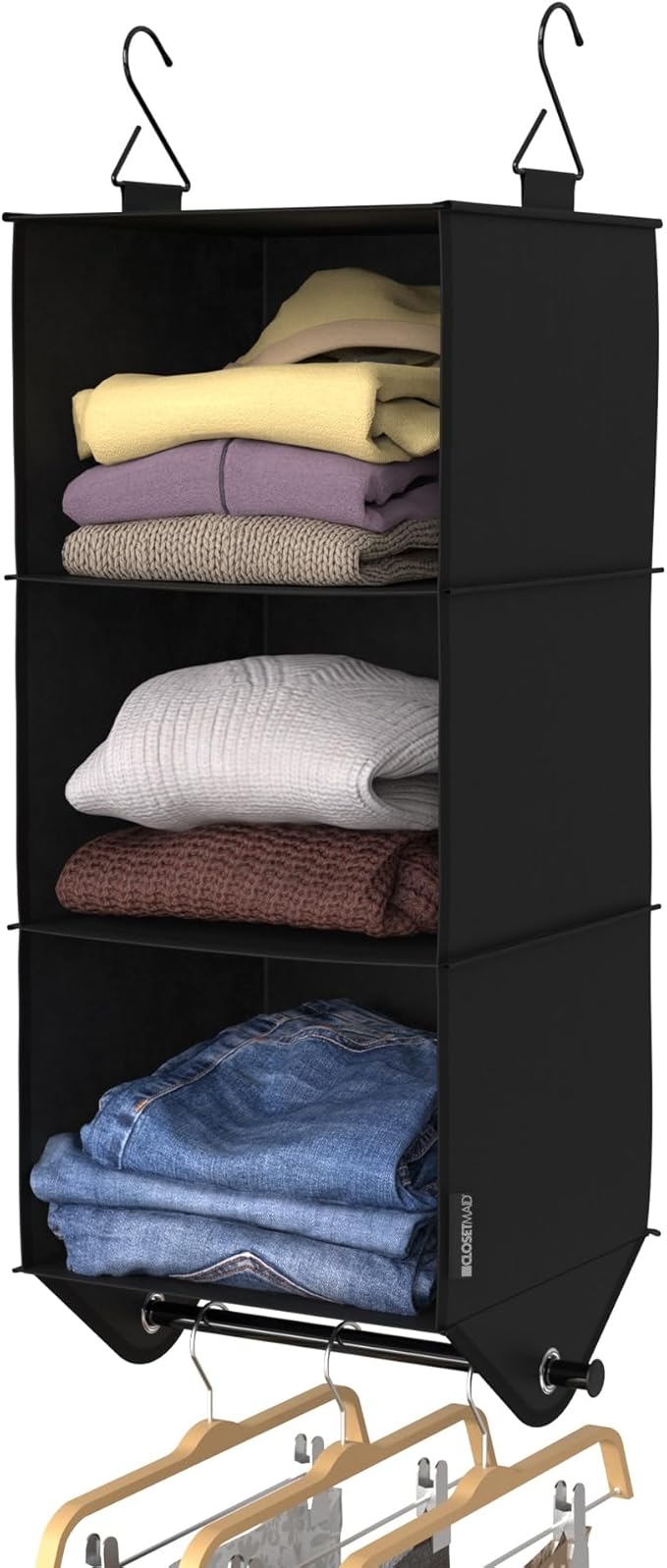 ClosetMaid 3-Shelf Fabric Hanging Closet Organizer with Garment Rod for Shirts, Sweaters, Pants, Hats, Shoes, Purses with Charcoal Black Finish