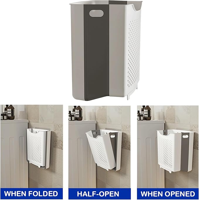 Collapsible Laundry Basket, Wall Mounted Hamper with Handle, Space-Saving Foldable Storage Dirty Washer Organizer, Hanging Multi-function Container for Home, Dorms, RVs, 11 x 6.3 x 11.4 Inch