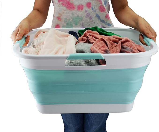 SAMMART 30L (8 gallon) Collapsible Plastic Laundry Basket - Foldable Pop Up Storage Container/Organizer - Portable Washing Tub - Water Capacity 24L(6.3 gallon) (1, White/Lake Green)