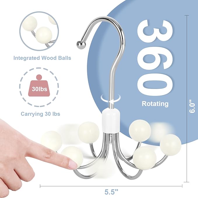 TOPIA HANGER Hoodie Hangers with 6 Wood Balls, 360°Swivel Purse Hanger, Scarf Hanger, Closet Hooks, Handbag Organizer, Bra Hanger, Accessory Organizers for Scarf, Tanktop, Hat, Hoodie CT56W