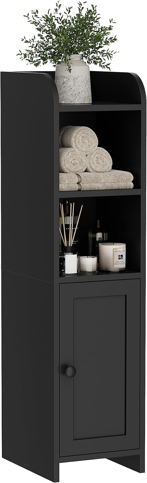 Homhedy Small Bathroom Storage Corner Floor Cabinet with Door and Shelves, Beside The Toilet Paper Stand for Skinny, Narrow Toilet Paper Cabinet, 9.8" D x 7.9" W x 31" H, Black