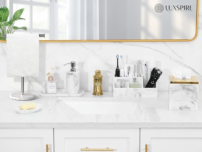 Luxspire Electric Toothbrush Holders, Bathroom Organizer Countertop Caddy 5 Slots Resin Large Toothbrush Holder Caddy Toothpaste Razor Marble Toothbrush holders for Bathroom Accessories, Gravel White