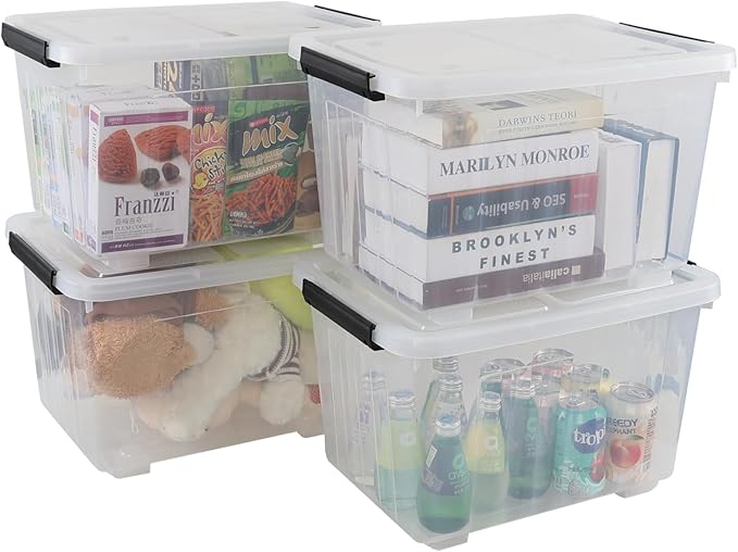 Haodehen 30 Quart Clear Plastic Latch Storage Bins with Wheels, 4-Pack Wheeled Clear Storage Totes
