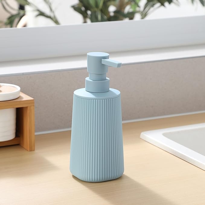 Small Soap Dispenser for Bathroom and Kitchen, Modern Farmhouse Striped Style Plastic Hand Soap Dish Soap Dispenser with Pump Teal Blue
