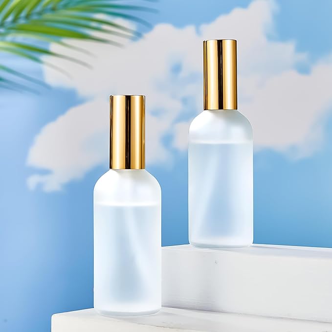 Roshtia 30 Pcs 3.4 oz/ 100 ml Gold Glass Spray Bottle Refillable Frosted Perfume Atomizer Clear Decorative Empty Bottles with Fine Mist Sprayer Pump for Face Body Travel