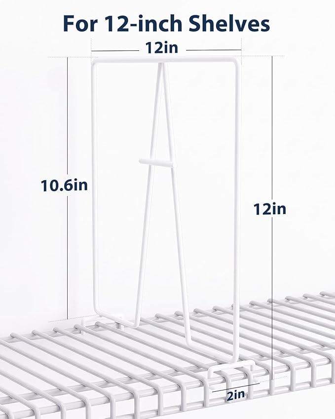 10 Pack Wire Shelf Dividers for Closet, Solid Coated Metal Closet Dividers for Closet Organization, Easy Install Closet Shelf Divider for 12'' Tall x 12'' Deep Wire Shelves and Storage, White