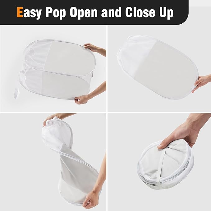 TECHMILLY Pop Up Foldable Laundry Basket, Mesh Laundry Hamper with Reinforced Handles for Dirty Clothes Storage in Dorm, Laundry Room, Bathroom, White(Fabric), 2 Pack