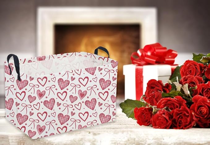 Sanjiaofeng Rectangular Valentine's Day Basket Love Storage Bins,Girls Storage Basket with Handles.Clothers,Books,Kid's Gifts Bins. (Bow Love)