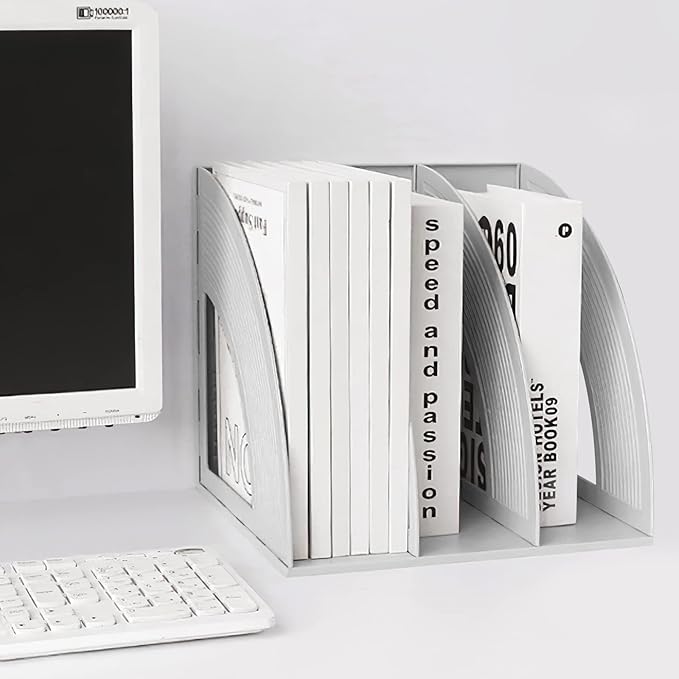 SAYEEC Magazine Holder Plastic File Sorter Binder Holder for Desk Folder Organizer Stand Book Shelf Dividers Vertical Filling Storage Rack Desktop Bookshelf Display Box for Office School Home (Grey)