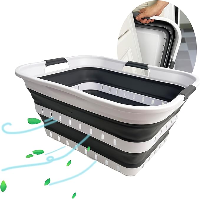SAMMART Collapsible Plastic Rectangular Laundry Basket - Foldable Pop Up Storage Container/Organizer - Portable Laundry Hamper - Space Saving (White/Steel Grey, 42L)