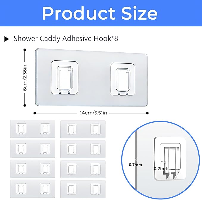 EJGIEGSO Shower Caddy Adhesive Replacement Hooks, Heavy Duty Waterproof Strips, No Drilling for Bathroom Shelves, Kitchen Racks, and Soap Holders (Transparent-8Pack 2Hook)