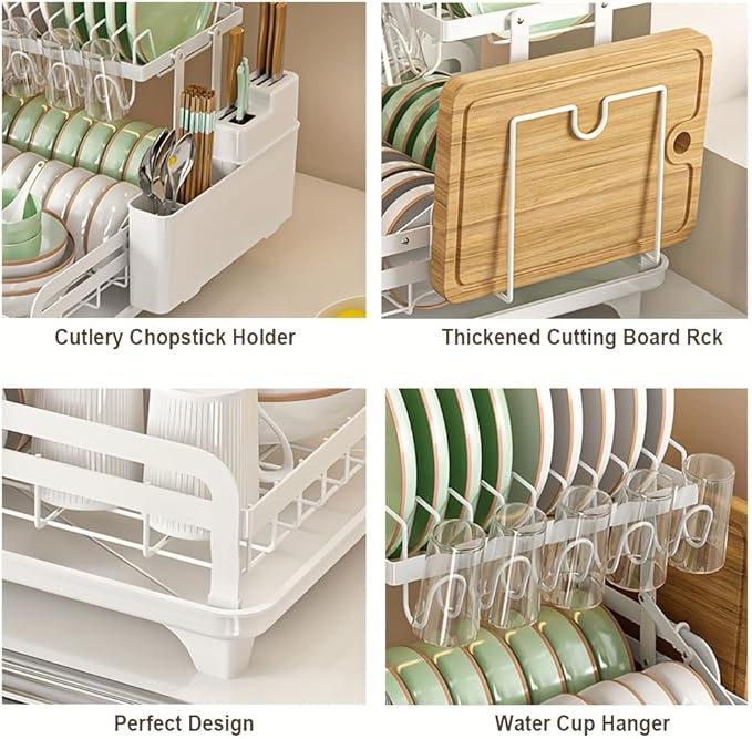 2 Tier Dish Drying Rack Automatic Drainage Board Space-Saving for Kitchen Counter with Cups Holder