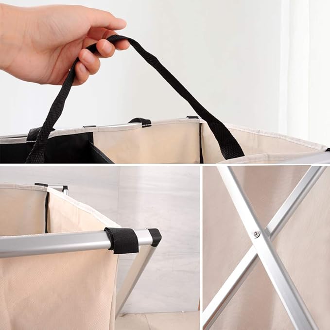 Nicesail Laundry Basket 2 Section Hamper Washing Storage Basket Bag, Folding Hamper Waterproof & Aluminum X-Frame, Cloth Organizer Durable Laundry Basket for Bathroom Home with Carrying Handle