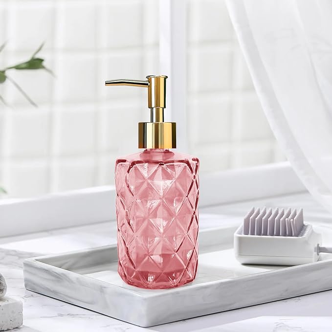 Glass Soap Dispenser with Gold Pump, Bathroom Soap Dispenser, 330ml Hand Foam Lotion Dispenser, Refillable Liquid Soap Bottle for Kitchen, Hand Sanitizer, Lotion (Pink)