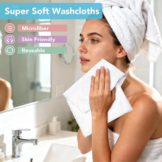 Orighty Washcloths Towels Set 10 Pack, Highly Absorbent and Soft Feel Microfiber Face Cloths, Multi-Purpose Wash Cloths & Hand Towels for Bathroom, Hotel, Spa, and Gym, 11.5x11.5 Inch, White