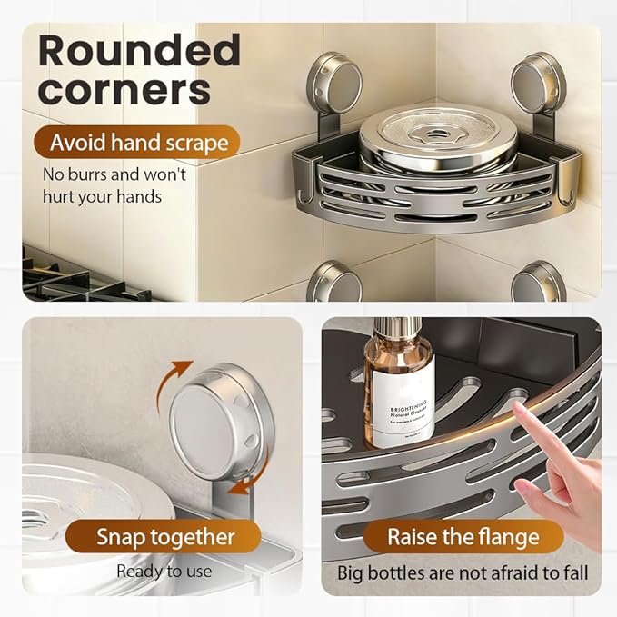 Triangle Suction Cup Corner Shelves No Drilling Bathroom Storage Rack, 2026 New Corner Shower Shelf Suction Cup Shower Caddy Corners Organizer Storage Rack Adhesive with Towel Bar (Black three-layer)