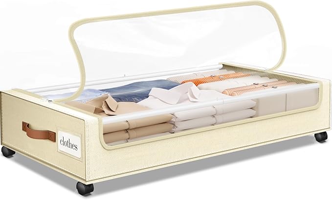 Under Bed Storage with Wheels 1Pack Underbed Storage with Clear Window&Label Under Bed Drawers Large Capacity Rolling Under Bed Storage for Clothes,Shoes, Blankets (Beige)