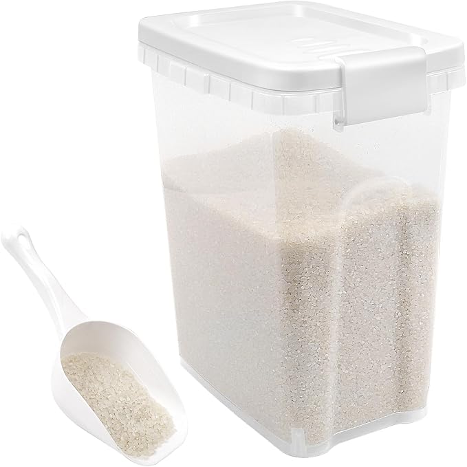 Tight-Lock Rice Container 10-15 Lbs - Airtight Flour Container with Scoop - Food-Grade Plastic Food Storage Container for Cereal, Sugar - Dry Food Dispenser for Kitchen, Pantry Organizers and Storage