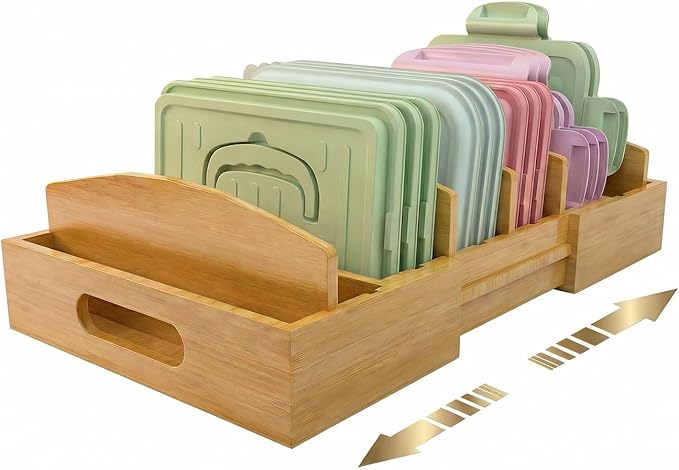 Lid Organizer for Cabinet – Bamboo Kitchen Storage for Plastic Lids, Adjustable Drawer Dividers, Food Container Organizer (Fits Cabinets & Drawers) (Large)