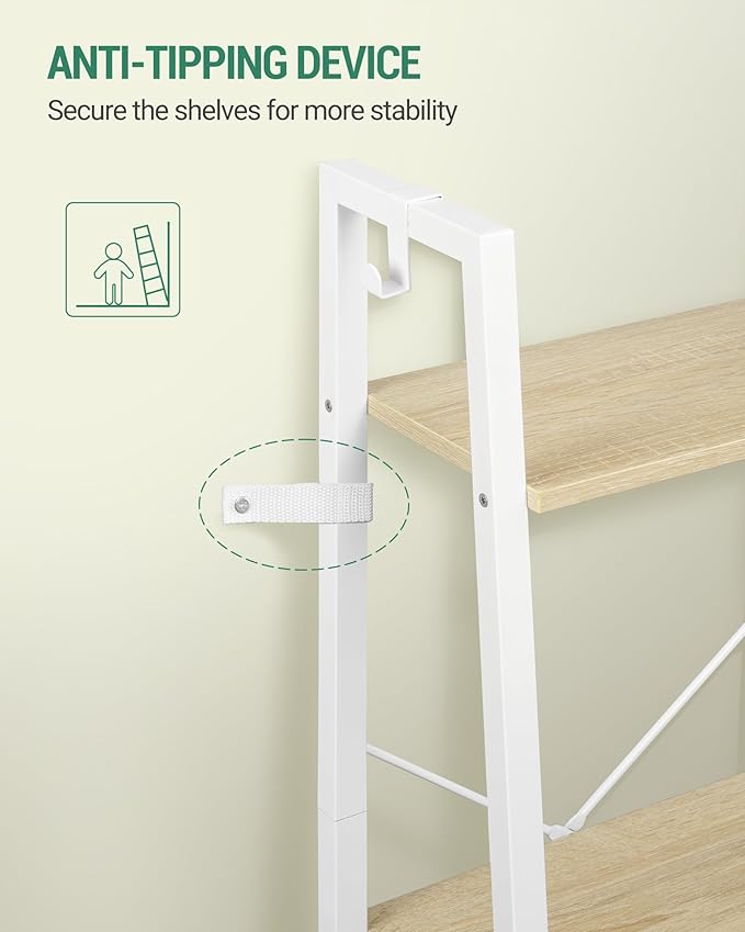 Ladder Shelf, Bookshelf Bookcase, Freestanding Corner Storage Shelve with 2 Hooks for Home Office, Living Room, Kitchen, Bedroom, Industrial, 11.8" D x 13.4" W x 72.8" H, White Oak and White