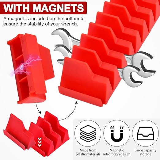 48 pcs Magnetic Modular Wrench Organizers for Tool Drawers, Tool Storage Holder Wrench Rack with Metric & SAE Labels (Color:Red)