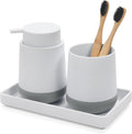 White Bathroom Countertop Accessories Set - Soap Dispenser and Toothbrush Holder with Silicone Boot,Vanity Tray (White Liquid)