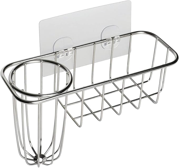 HULISEN 3-in-1 Sponge Holder for Kitchen Sink with Dish Brush Holder, Stainless Steel Caddy for Soap, Scrubber, No Drill and Rustproof, Silver