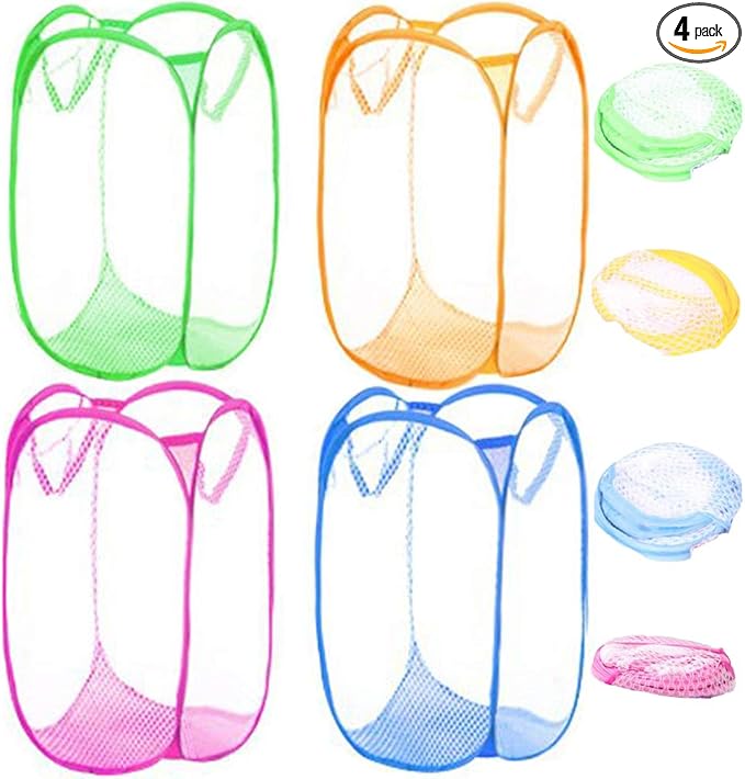 Qtopun Mesh Popup Laundry Hamper, 4 Pack Foldable Portable Dirty Clothes Basket for Bedroom, Kids Room, College Dormitory and Travel (White body with Pink,Yellow,Green,Light Blue)