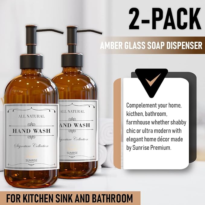 2 Pack Amber Glass Soap Dispenser 16 OZ with Oil Rubbed Bronze Stainless Steel Pump, Hand and Dish Soap Dispenser Set for Bathroom and Kitchen Sink with 6 Waterproof Labels