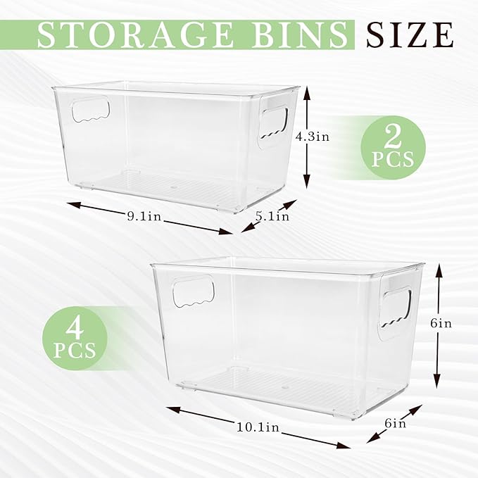 6 Pack Clear Plastic Storage Bins with Handles, Stackable Pantry Fridge Cabinet Under Sink Organizers and Storage, Multi-use Large Home Kitchen Bathroom Organization for Shelf Closet Drawer