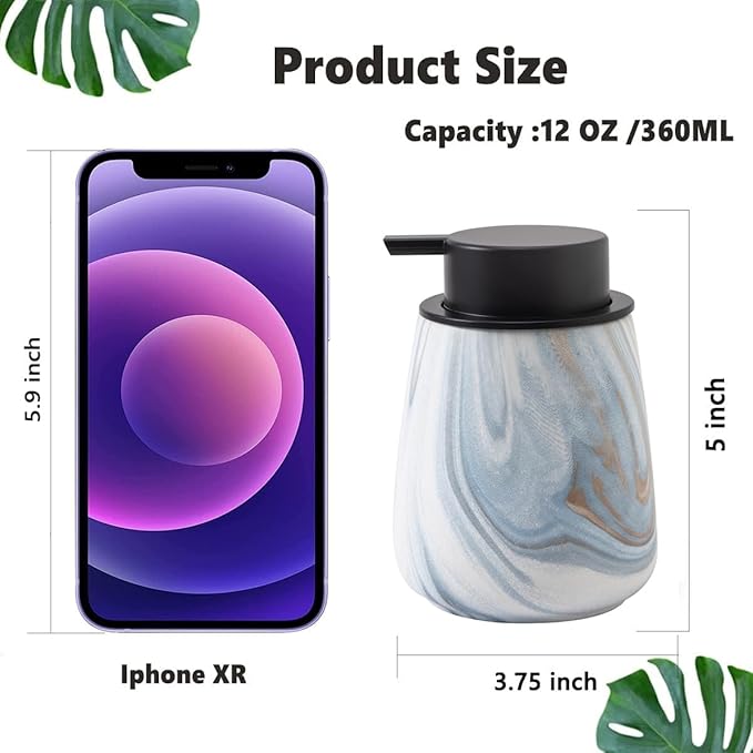 12Oz Foaming Hand Soap Dispenser - Ceramic Bathroom Foam Soap Dispenser with Easy-to-Press Black Pump, Refillable Lotion Hand Dispenser, Dish Soap Dispensers for Kitchen, Marble Blue
