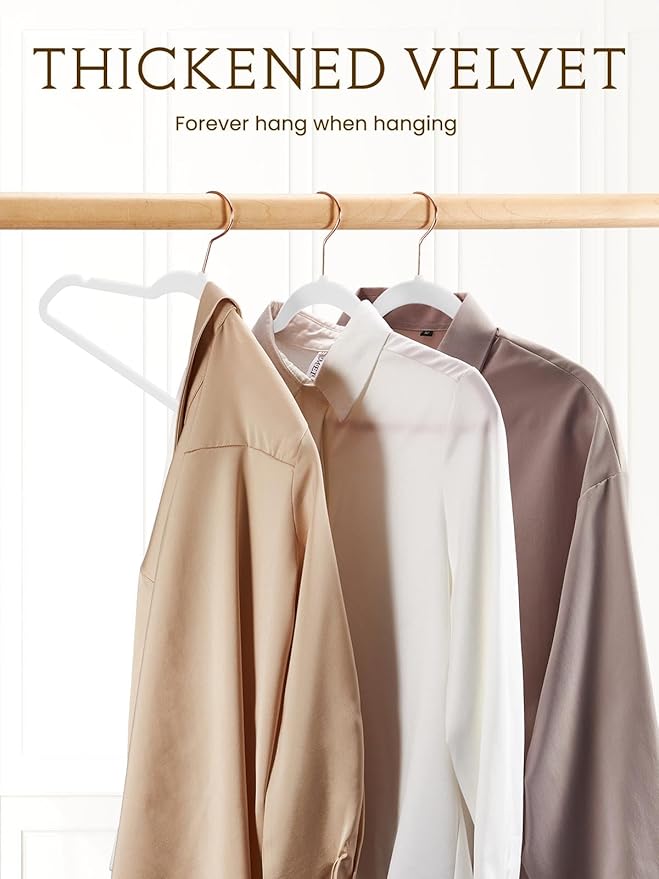 Smartor White Velvet Hangers 50 Pack, Non Slip Clothes Felt Hanger Heavy Duty for Coat, 360° Rotating Rose Glod Hook, Premium Slim Space Saving Hangers for Closet Organizer and Storage