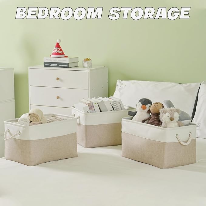 Storage Bins 3 Pack, Fabric Storage Basket for Collapsible Medium Canvas Storage Baskets for Organizing Shelf Nursery Home Closet with Cotton Rope Handle 15(L) x 11(W) x 9.5(H) inch(White&Khaki-3PCS)