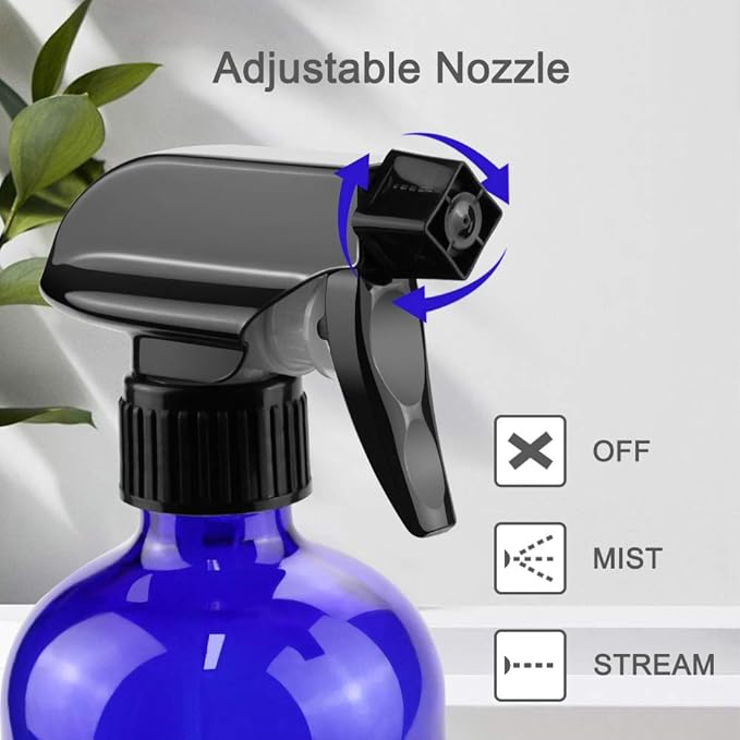 Glass Spray Bottles, 16oz Blue Glass Spray Bottles with Labels & Adjustable Nozzle, Reusable Containers for Cleaning, BBQ, Food, Plants, Alcohol, Essential Oils(3 Pack)