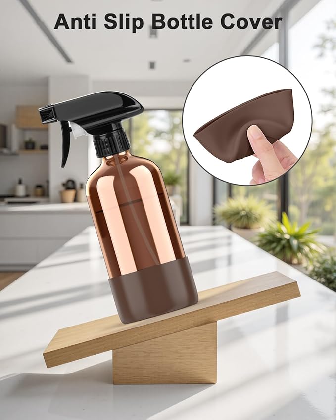 Amber Glass Spray Bottle with Silicone Sleeve Protection, 16 oz Refillable Spray Bottle for Cleaning Solutions, Plants, Aromatherapy, Facial Hydration (Brown Sleeve(Amber Bottle)