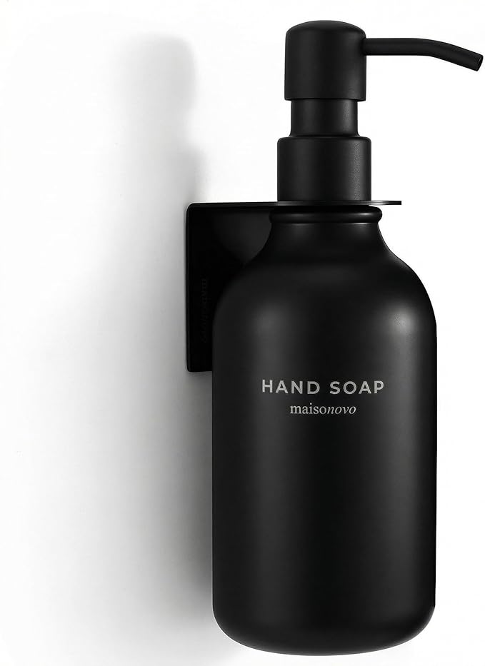 MaisoNovo Black Hand Soap Dispenser Wall Mount Set of 1-16.9 0z Wall Mounted Hand Soap Dispenser Black Plastic Bottle with Black Plastic Pump - Drill Free Secure Mounting