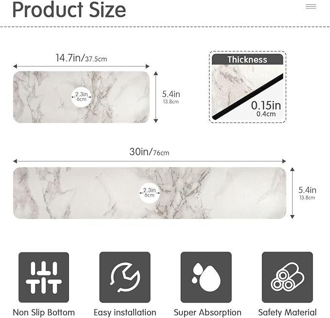 Kitchen Sink Splash Guard 2 PCS 14.7 Inch Sink Faucet Mat Splash Guard for Bathroom Countertop Water Absorbent Foldable Cuttable Soft Washable Marble White