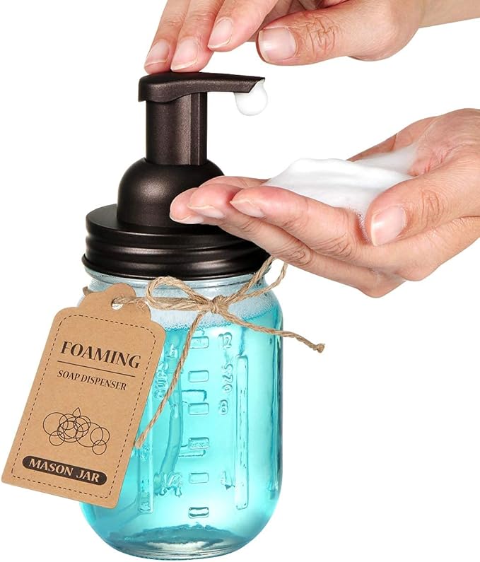 Amolliar Mason Jar Foaming Soap Dispenser, Rustproof Stainless Steel Lid, BPA Free Foam Pump, with Chalkboard Labels, Rustic Farmhouse Decor, Hand Soap Dispenser Bathroom Accessories, Bronze (1 Pack)