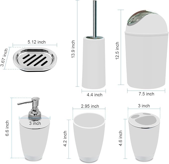 Bathroom Accessories Set, 6-Piece Plastic Gift Set, Toothbrush Holder, Toothbrush Cup, Soap Dispenser, Soap Dish, Toilet Brush Holder, Trash Can (White)