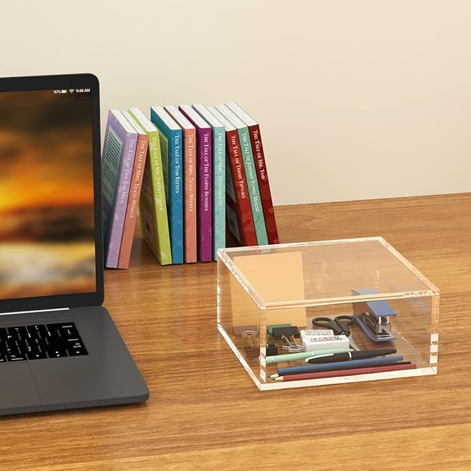 AITEE Decorative Acrylic Box with Lid, Clear Cube Display Case, Multi-Purpose Box Square Container for Holding Staples, Adhesive Tape, Paper Clips, Stamps, Display in Office or Home (X-Large)