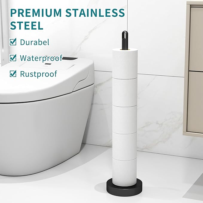 Toilet Paper Holder Stand, Free Standing Tissue Paper Roll Storage Holder with Reserve for Bathroom Countertop with Stainless Steel Heavy Weighted, 1Pack Matte Black