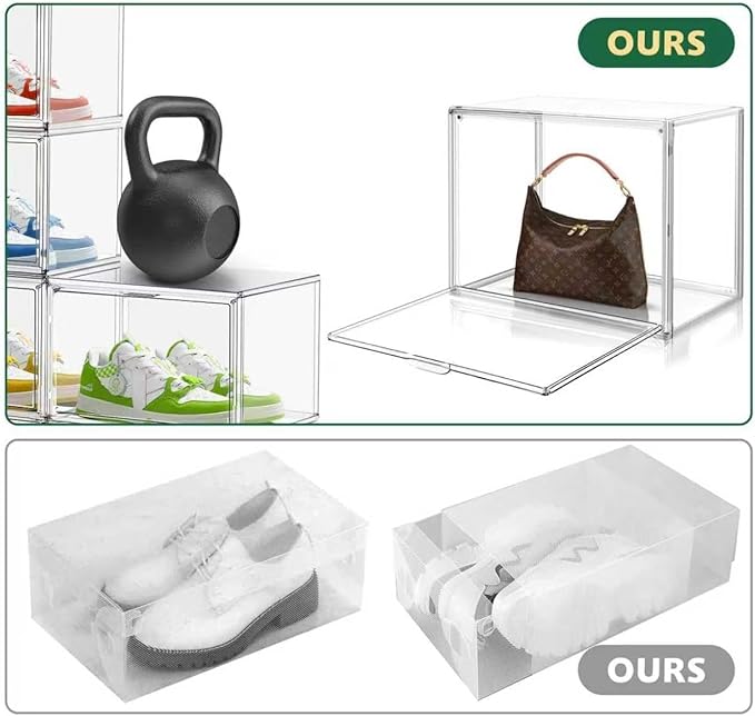 EDS FAM 6 Pack X-Large Acrylic Display Case, Size 14 Clear Shoe Box Stackable Sneaker Display Case with Magnetic Lid Multipurpose Storage Bin for Closet for Purses, Handbags, Cosmetics, Collectibles