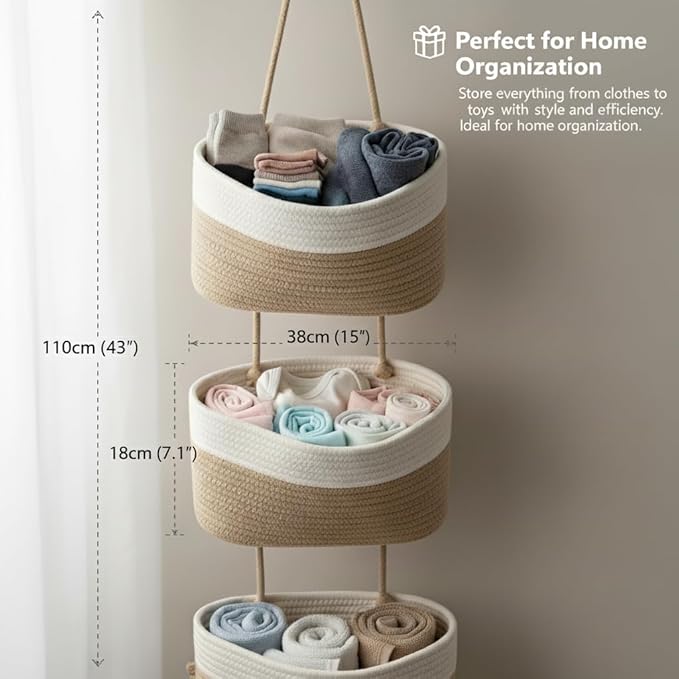 Britwicfr Hanging Wall Basket, Over the Door Hanging Basket with Hooks, 3-Tier Cotton Hanging Basket for Organizing, Decorative Boho Chic Decor for Wall, Bedroom, Living Room, Nursery, Whte & Jute